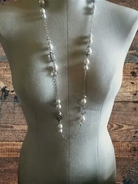 White Pearl and Silver Bead Long Necklace -